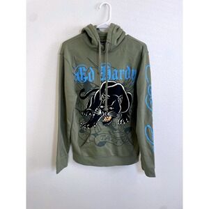 Y2K Ed Hardy Mens Small Green Panther Tattoo Graphic Hoodie Sweatshirt‎